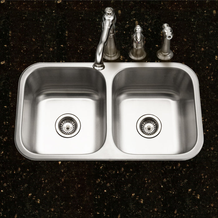Houzer BSD-3209 Belleo 32" Stainless Steel Drop-in Topmount Double Bowl Kitchen Sink with Strainers & Grids