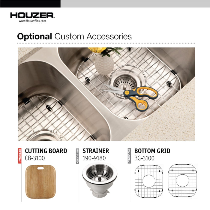 Houzer BSD-3209 Belleo 32" Stainless Steel Drop-in Topmount Double Bowl Kitchen Sink with Strainers & Grids