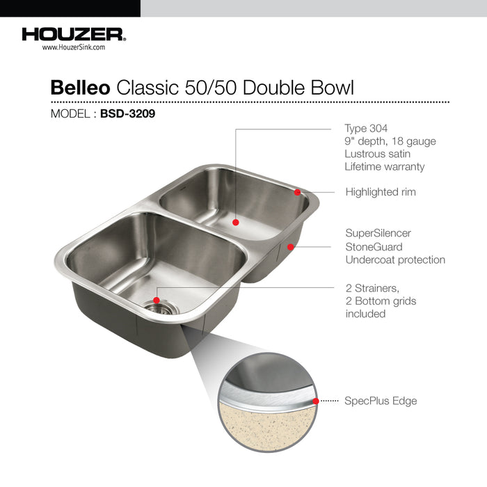 Houzer BSD-3209 Belleo 32" Stainless Steel Drop-in Topmount Double Bowl Kitchen Sink with Strainers & Grids