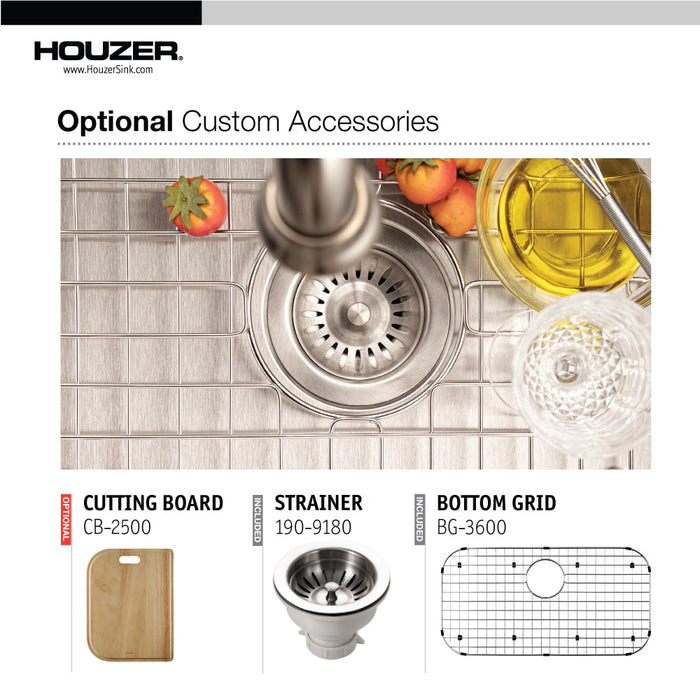 Houzer BSG-3018 Belleo 32" Stainless Steel Drop-in Topmount Single Bowl Kitchen Sink with Strainer & Grid