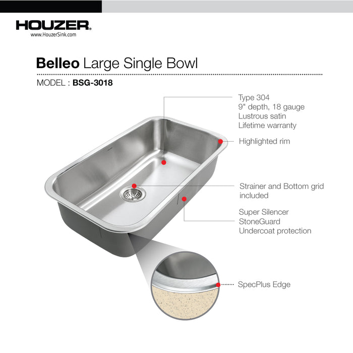 Houzer BSG-3018 Belleo 32" Stainless Steel Drop-in Topmount Single Bowl Kitchen Sink with Strainer & Grid