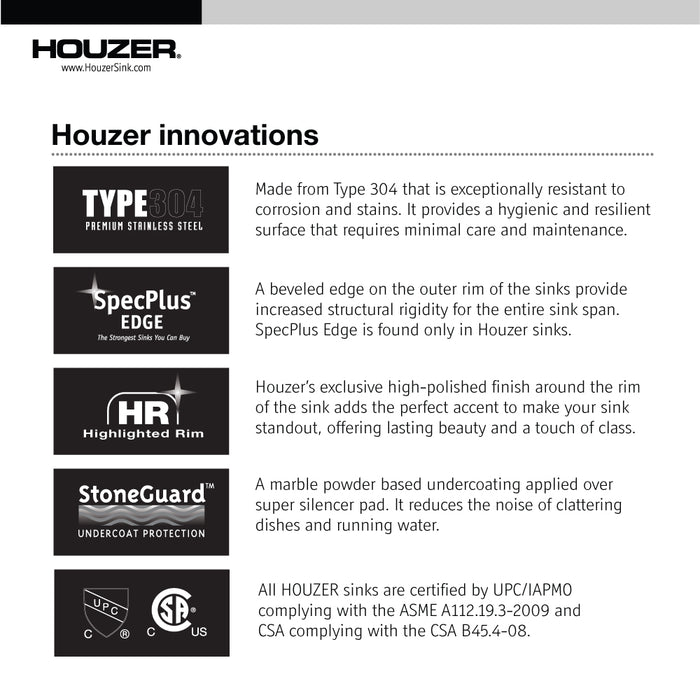 Houzer BSG-3018 Belleo 32" Stainless Steel Drop-in Topmount Single Bowl Kitchen Sink with Strainer & Grid