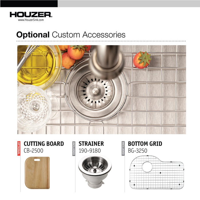 Houzer BSH-3200 Belleo 32" Stainless Steel Drop-in Topmount Single Bowl Offset Kitchen Sink with Strainer & Grid