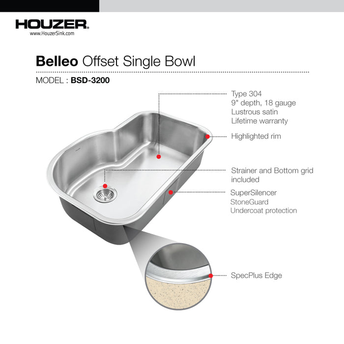 Houzer BSH-3200 Belleo 32" Stainless Steel Drop-in Topmount Single Bowl Offset Kitchen Sink with Strainer & Grid
