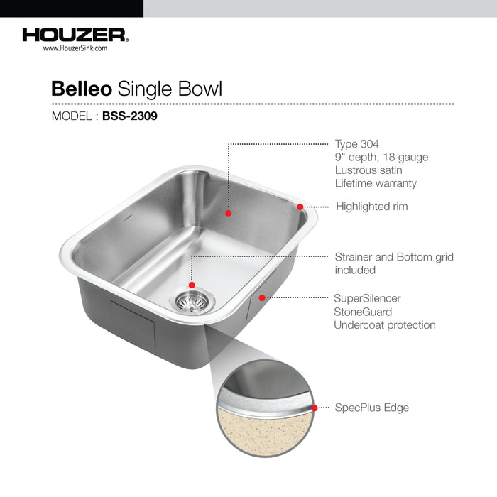 Houzer BSS-2309 Belleo 23" Stainless Steel Drop-in Topmount Single Bowl Kitchen Sink with Strainer & Grid