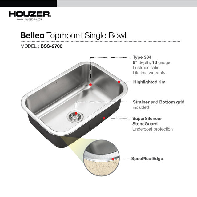 Houzer BSS-2700 Belleo 27" Stainless Steel Drop-in Topmount Single Bowl Kitchen Sink with Strainer & Grid