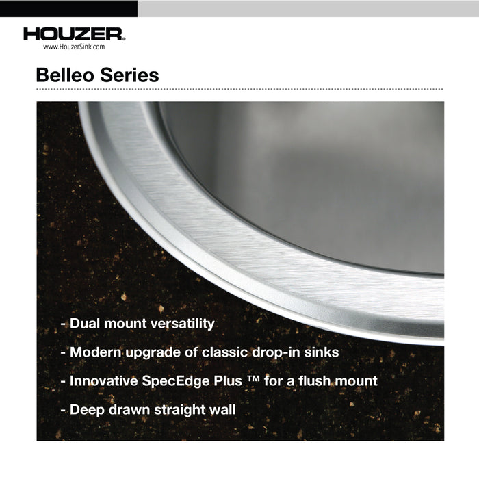 Houzer BSS-2700 Belleo 27" Stainless Steel Drop-in Topmount Single Bowl Kitchen Sink with Strainer & Grid