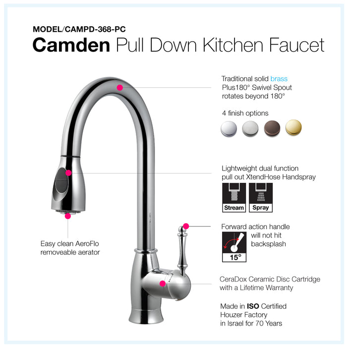 Houzer CAMPD-368-PC Camden Series Polished Chrome Single Handle Pull-Down Kitchen Faucet