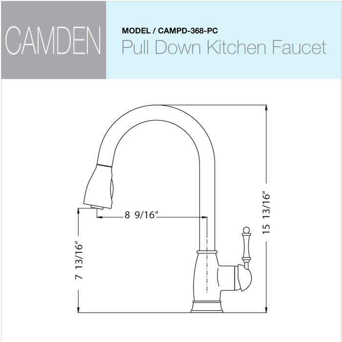 Houzer CAMPD-368-PC Camden Series Polished Chrome Single Handle Pull-Down Kitchen Faucet