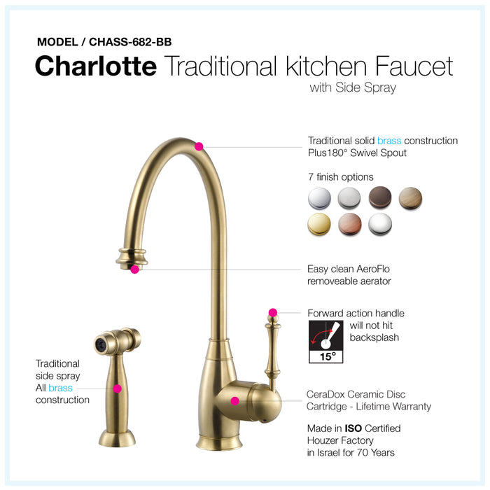Houzer CHASS-682-BB Charlotte Series Brushed Solid Brass Single Handle Kitchen Faucet with Sidespray