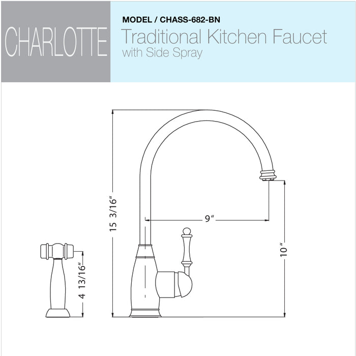 Houzer CHASS-682-BN Charlotte Series Brushed Nickel Solid Brass Single Handle Kitchen Faucet with Sidespray