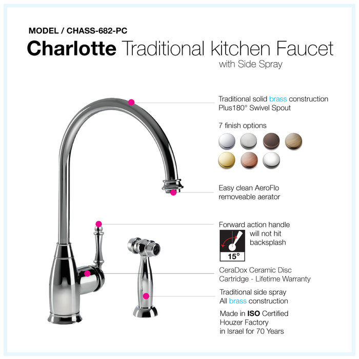 Houzer CHASS-682-PC Charlotte Series Polished Chrome Solid Brass Single Handle Kitchen Faucet with Sidespray