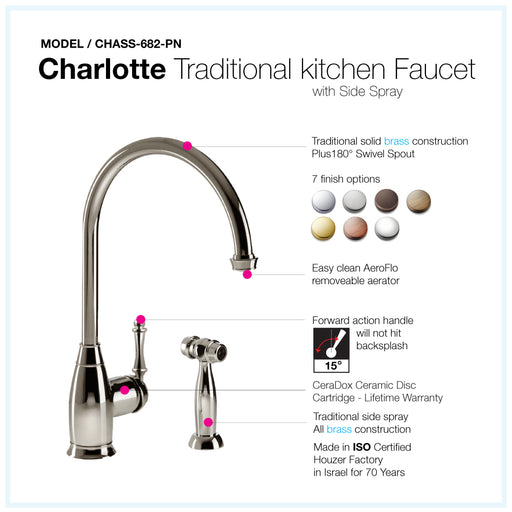 Houzer CHASS-682-PN Charlotte Series Polished Nickel Solid Brass Single Handle Kitchen Faucet