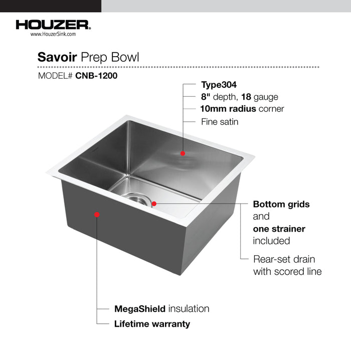 Houzer CNB-1200 Savior 12" Stainless Steel Undermount Kitchen Bar Sink with Strainer & Grid