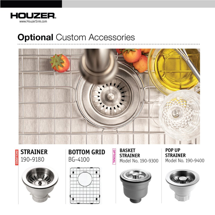 Houzer CNB-1200 Savior 12" Stainless Steel Undermount Kitchen Bar Sink with Strainer & Grid