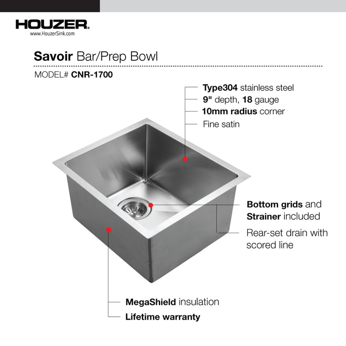 Houzer CNR-1700 Savior 17" Stainless Steel Undermount Medium Bowl Kitchen Bar Sink with Strainer & Grid