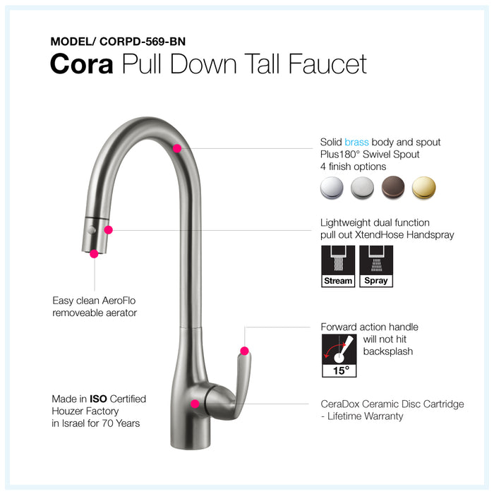 Houzer CORPD-569-BN Cora Series Brushed Nickel Single Handle Pull-Down Kitchen Faucet