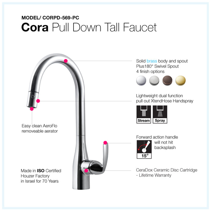 Houzer CORPD-569-PC Cora Series Polished Chrome Single Handle Pull-Down Kitchen Faucet