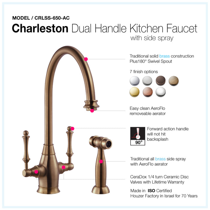 Houzer CRLSS-650-AC Charleston Series Antique Copper Dual Handle Kitchen Faucet with Sidespray