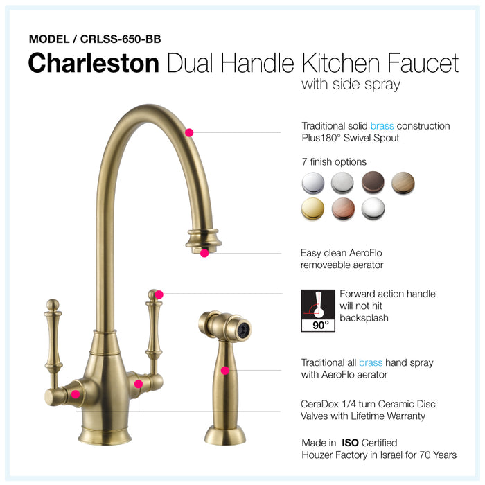 Houzer CRLSS-650-BB Charleston Series Brushed Brass Dual Handle Kitchen Faucet with Sidespray