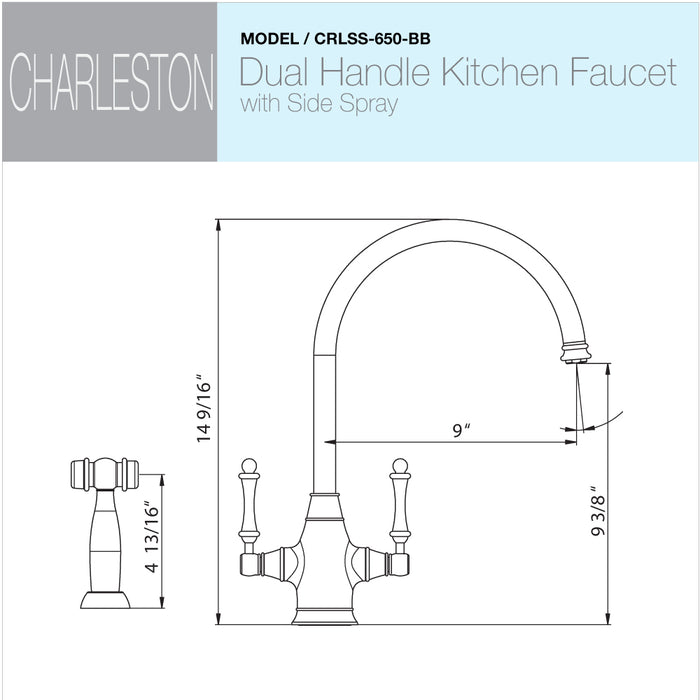 Houzer CRLSS-650-BB Charleston Series Brushed Brass Dual Handle Kitchen Faucet with Sidespray