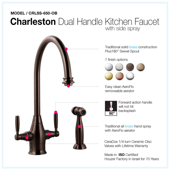 Houzer CRLSS-650-OB Charleston Series Oil Rubbed Bronze Dual Handle Kitchen Faucet with Sidespray