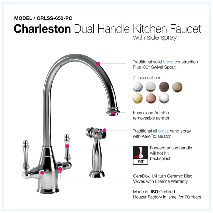 Houzer CRLSS-650-PC Charleston Series Polished Chrome Dual Handle Kitchen Faucet with Sidespray