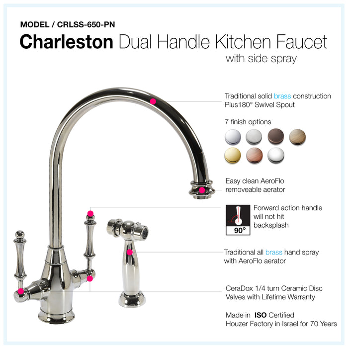Houzer CRLSS-650-PN Charleston Series Polished Nickel Dual Handle Kitchen Faucet
