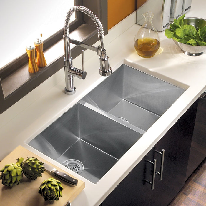 Houzer CTD-3350 Contempo 33" Undermount 50/50 Double Bowl Kitchen Sink with Strainers & Grids