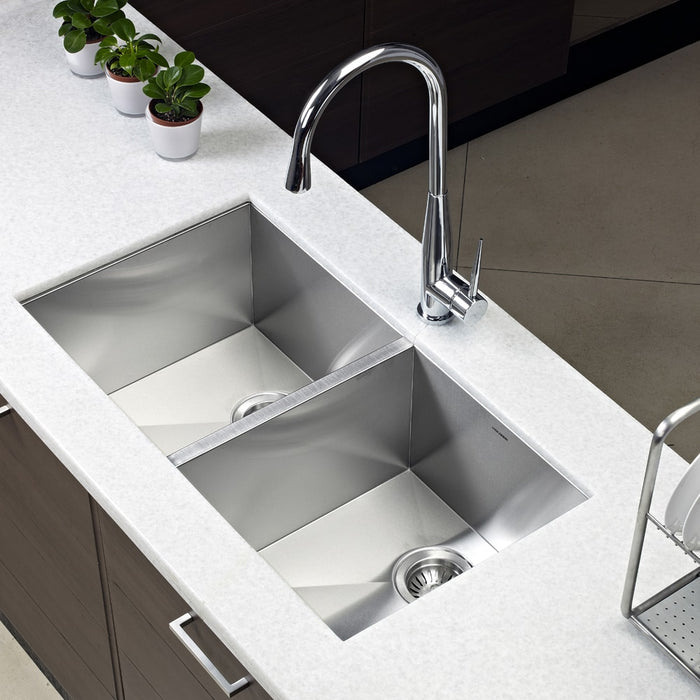 Houzer CTD-3350 Contempo 33" Undermount 50/50 Double Bowl Kitchen Sink with Strainers & Grids