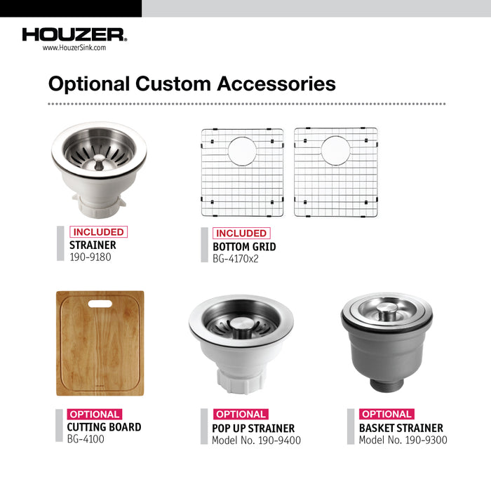 Houzer CTD-3350 Contempo 33" Undermount 50/50 Double Bowl Kitchen Sink with Strainers & Grids