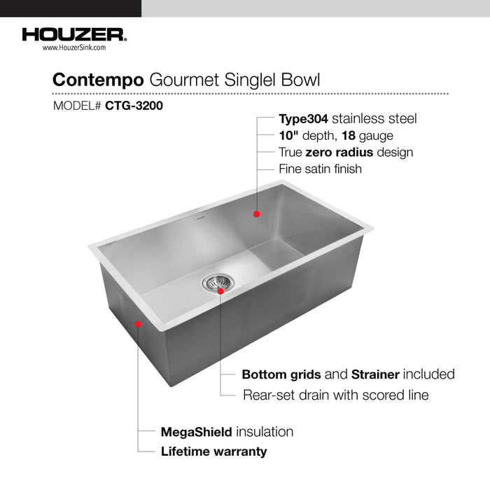Houzer CTG-3200 Contempo 32" Stainless Steel Undermount Single Bowl Kitchen Sink with Strainer & Grid