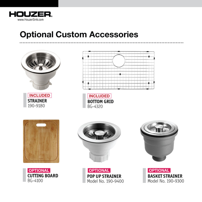 Houzer CTG-3200 Contempo 32" Stainless Steel Undermount Single Bowl Kitchen Sink with Strainer & Grid