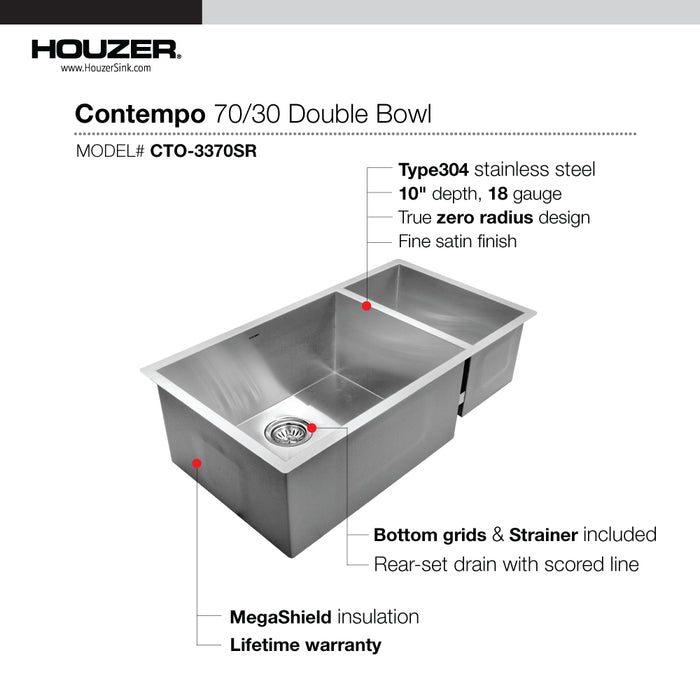 Houzer CTO-3370SR Contempo 33" Stainless Steel Undermount 70/30 Double Right Prep Bowl Kitchen Sink