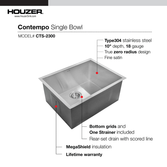 Houzer CTS-2300 Contempo 23" Undermount Single Bowl Stainless Steel Kitchen Sink with Strainer & Grid