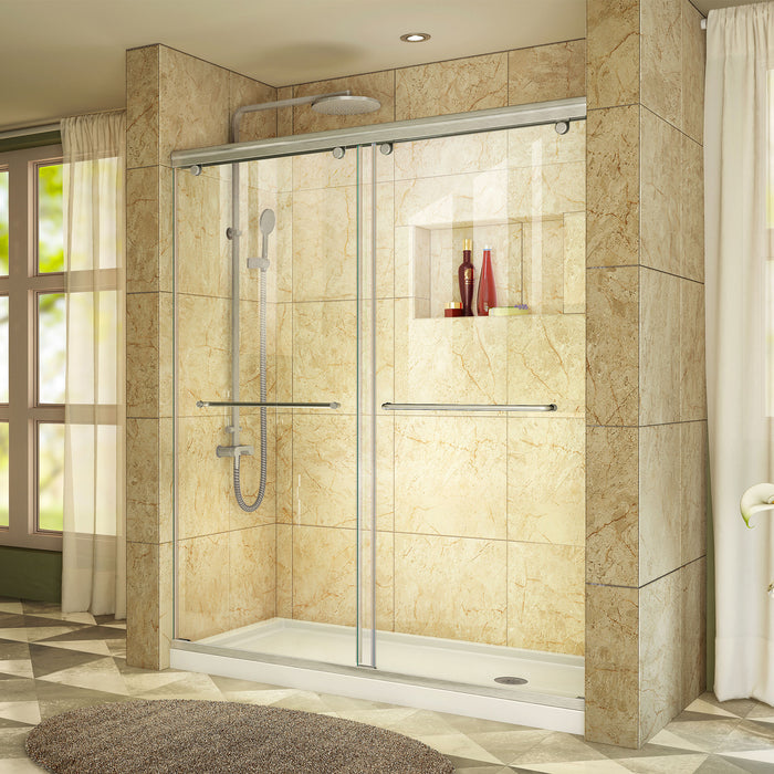 DreamLine DL-6942R-04CL Charisma 34"D x 60"W x 78 3/4"H Frameless Bypass Shower Door in Brushed Nickel with Right Drain White Base