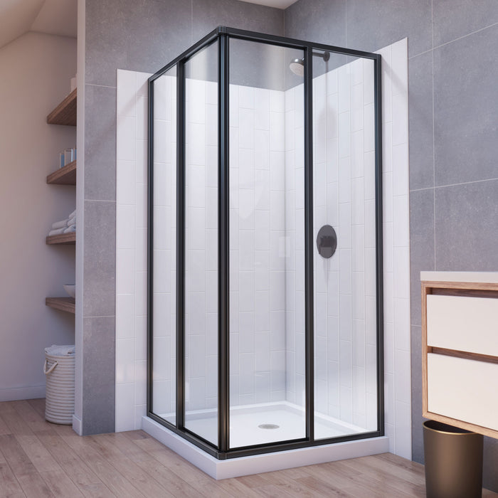 DreamLine E2813636XXQ0009 Cornerview Sliding Shower Enclosure, Base,, White Wall Kit in Satin Black