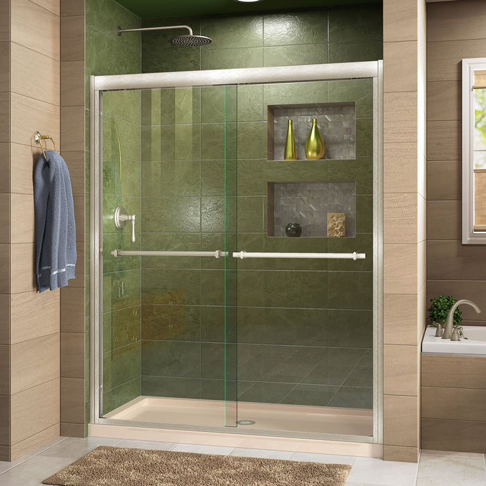 DreamLine DL-6951C-22-04 Duet 32"D x 60"W x 74 3/4"H Semi-Frameless Bypass Shower Door in Brushed Nickel, Center Drain Biscuit Base