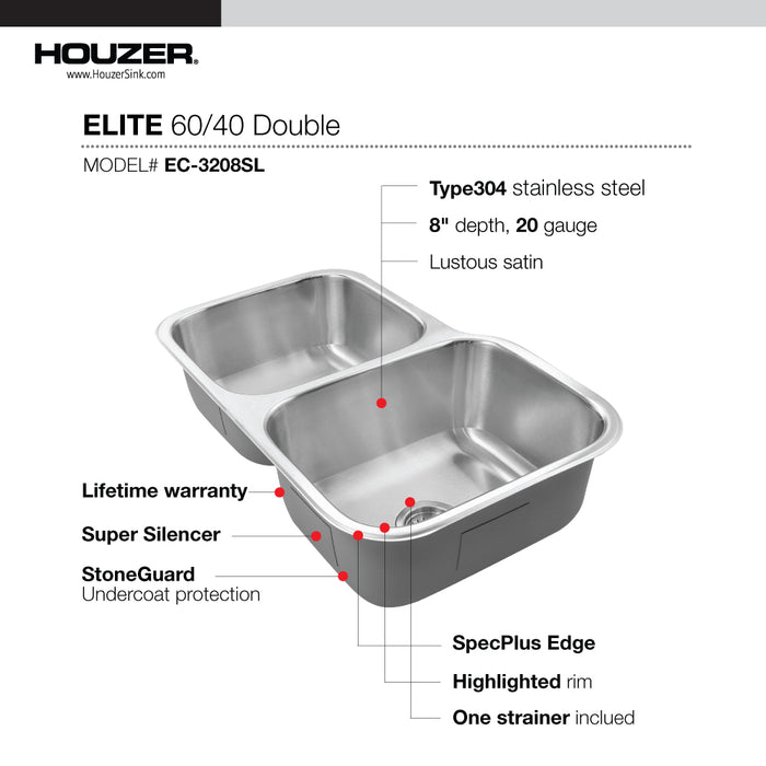 Houzer EC-3208SL-1 Elite 32" Stainless Steel Undermount 60/40 Double Bowl Kitchen Sink with Strainer
