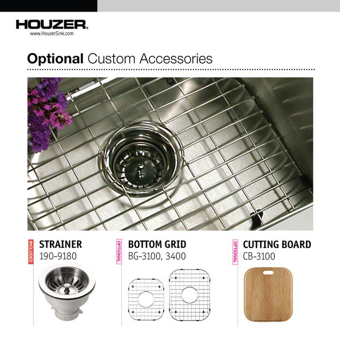 Houzer EC-3208SL-1 Elite 32" Stainless Steel Undermount 60/40 Double Bowl Kitchen Sink with Strainer