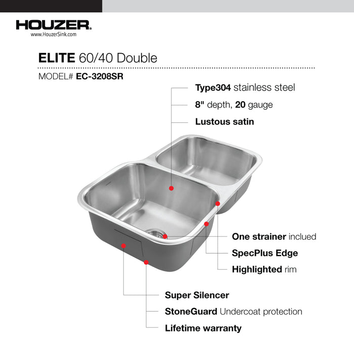 Houzer EC-3208SR-1 Elite 32" Stainless Steel Undermount 60/40 Double Bowl Kitchen Sink with Strainer