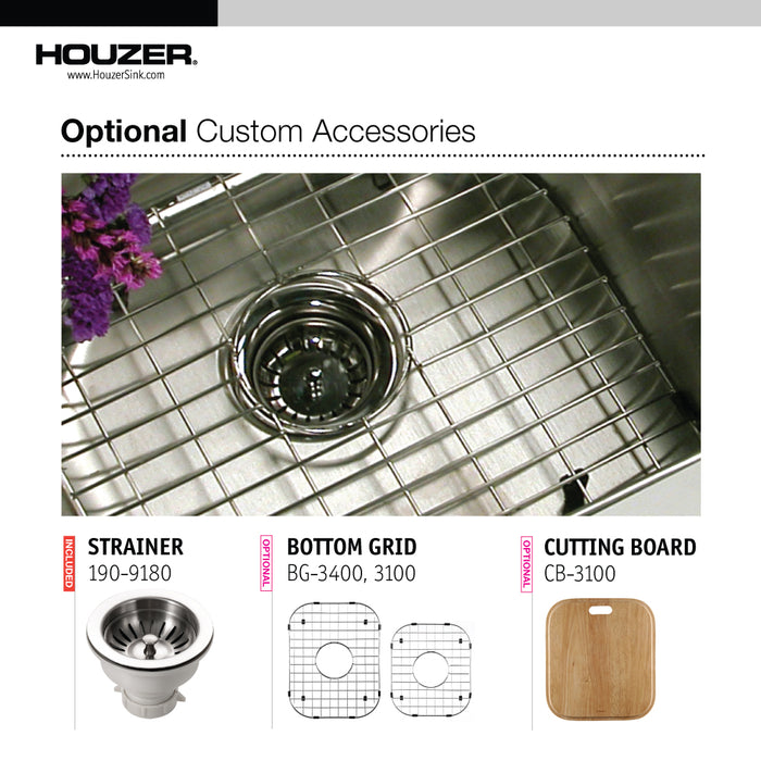Houzer EC-3208SR-1 Elite 32" Stainless Steel Undermount 60/40 Double Bowl Kitchen Sink with Strainer