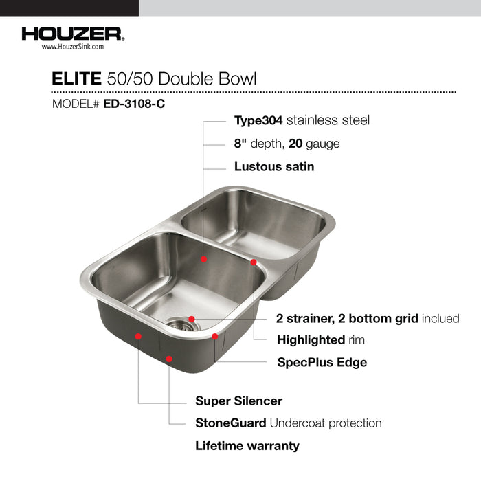 Houzer ED-3108-C Elite 31" Stainless Steel Undermount 50/50 Double Bowl Kitchen Sink with Strainer & Grid