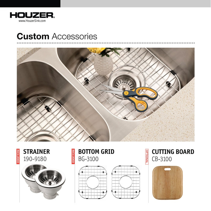 Houzer ED-3108-C Elite 31" Stainless Steel Undermount 50/50 Double Bowl Kitchen Sink with Strainer & Grid