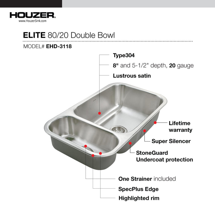 Houzer EHD-3118-1 Elite 31" Stainless Steel Undermount 80/20 Double Bowl Kitchen Sink with Strainer