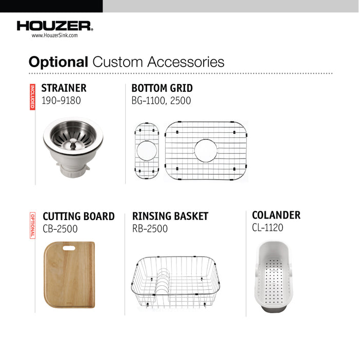 Houzer EHD-3118-C Elite 31" Stainless Steel Undermount 80/20 Double Bowl Kitchen Sink with Strainer & Grids