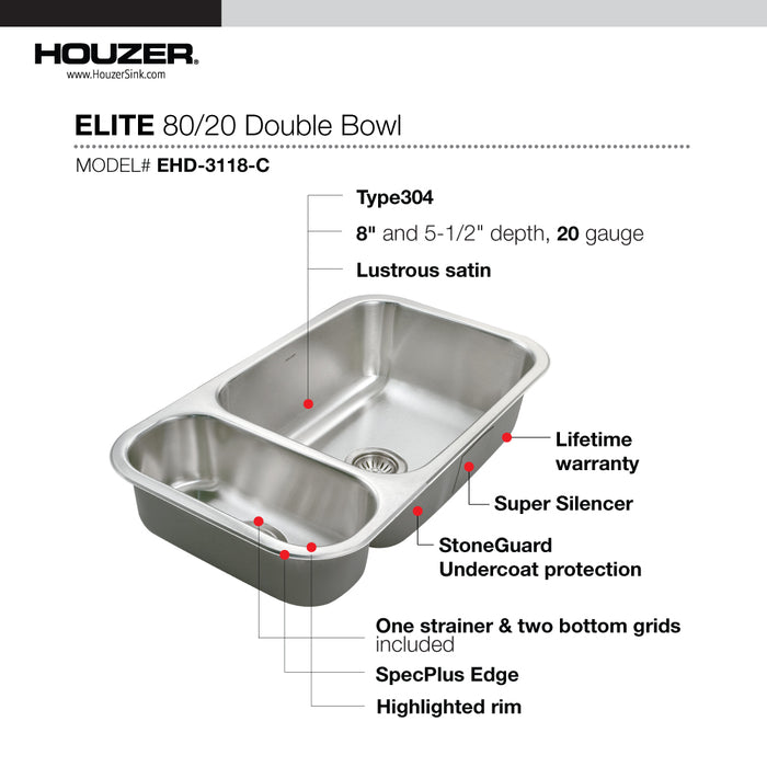 Houzer EHD-3118-C Elite 31" Stainless Steel Undermount 80/20 Double Bowl Kitchen Sink with Strainer & Grids