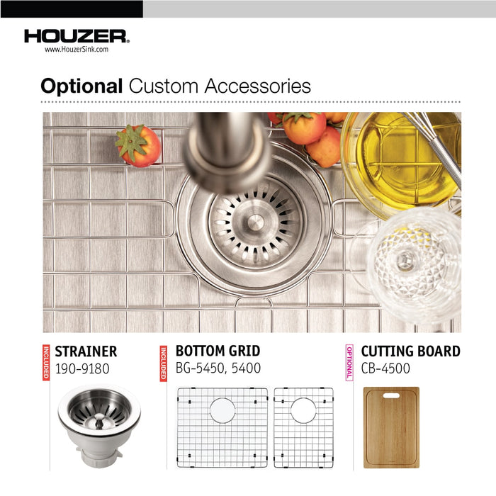Houzer END-3360SR Epicure 33" Apron Front 60/40 Double Bowl Kitchen Sink, Bowl with Strainer & Grids