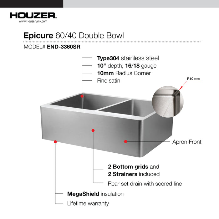 Houzer END-3360SR Epicure 33" Apron Front 60/40 Double Bowl Kitchen Sink, Bowl with Strainer & Grids