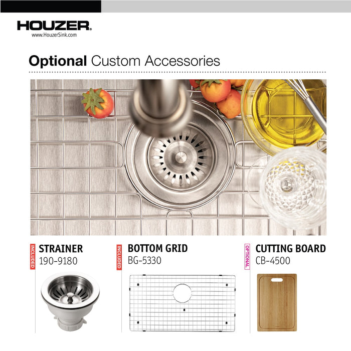 Houzer ENG-3320 Epicure 33" Stainless Steel Apron Front Single Bowl Kitchen Sink with Strainer & Grid
